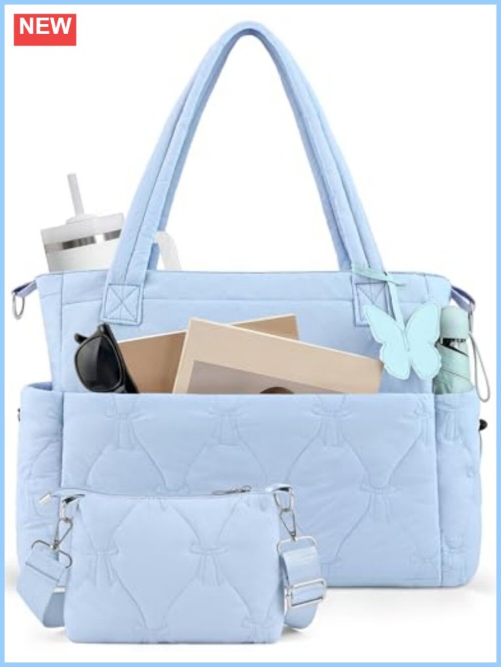 Quilted Puffer Tote Bag Lightweight Work Handbag with Makeup Pouch